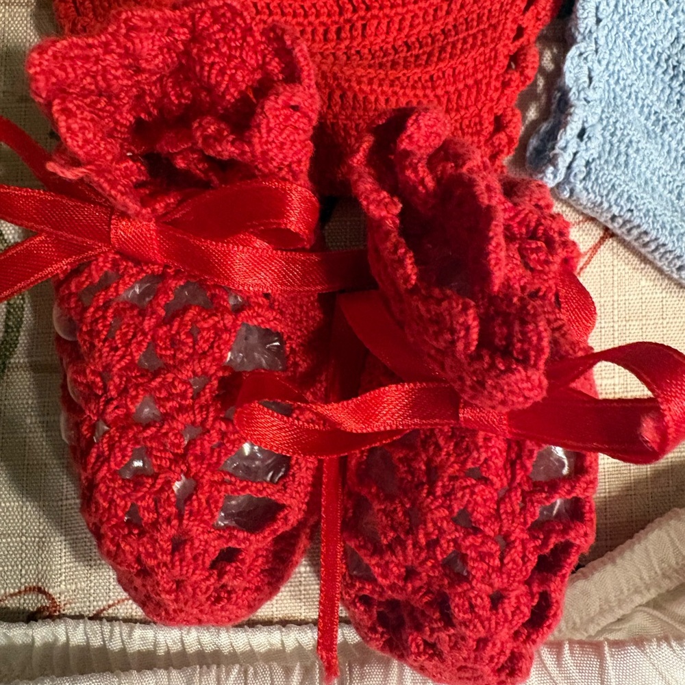 Vintage Handmade Crochet Baby Bloomers Set (Yellow, Red, Blue) + Red Booties - Picture 2 of 7